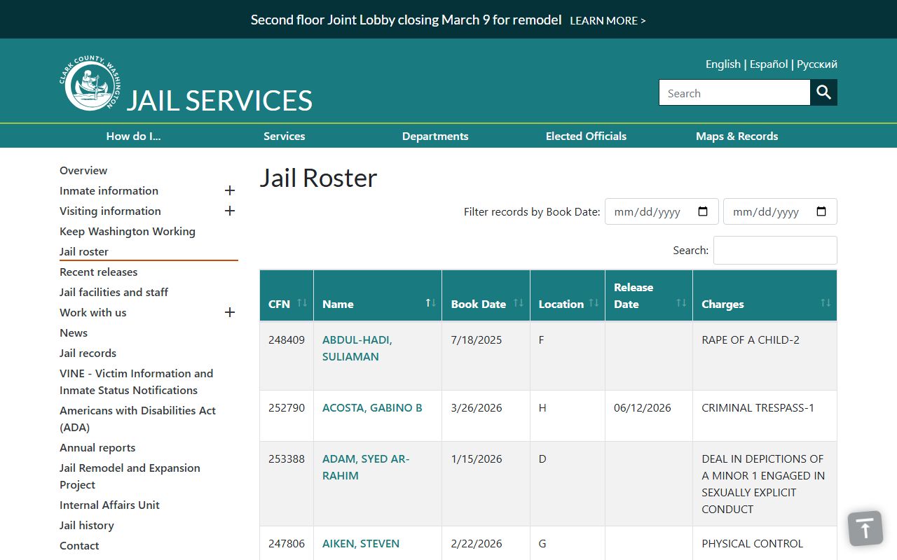 Clark County 72 Hour Booking jail roster