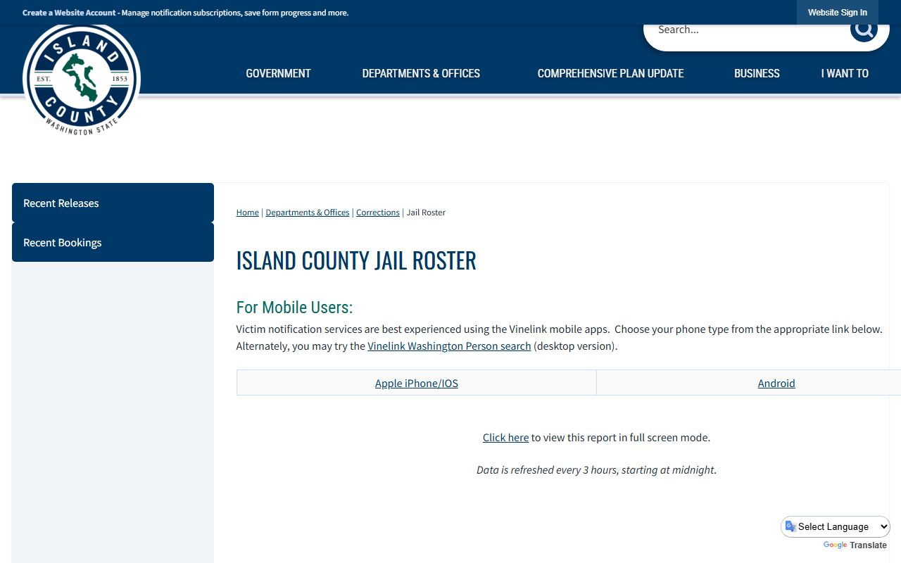Island County 72 Hour Booking jail roster page