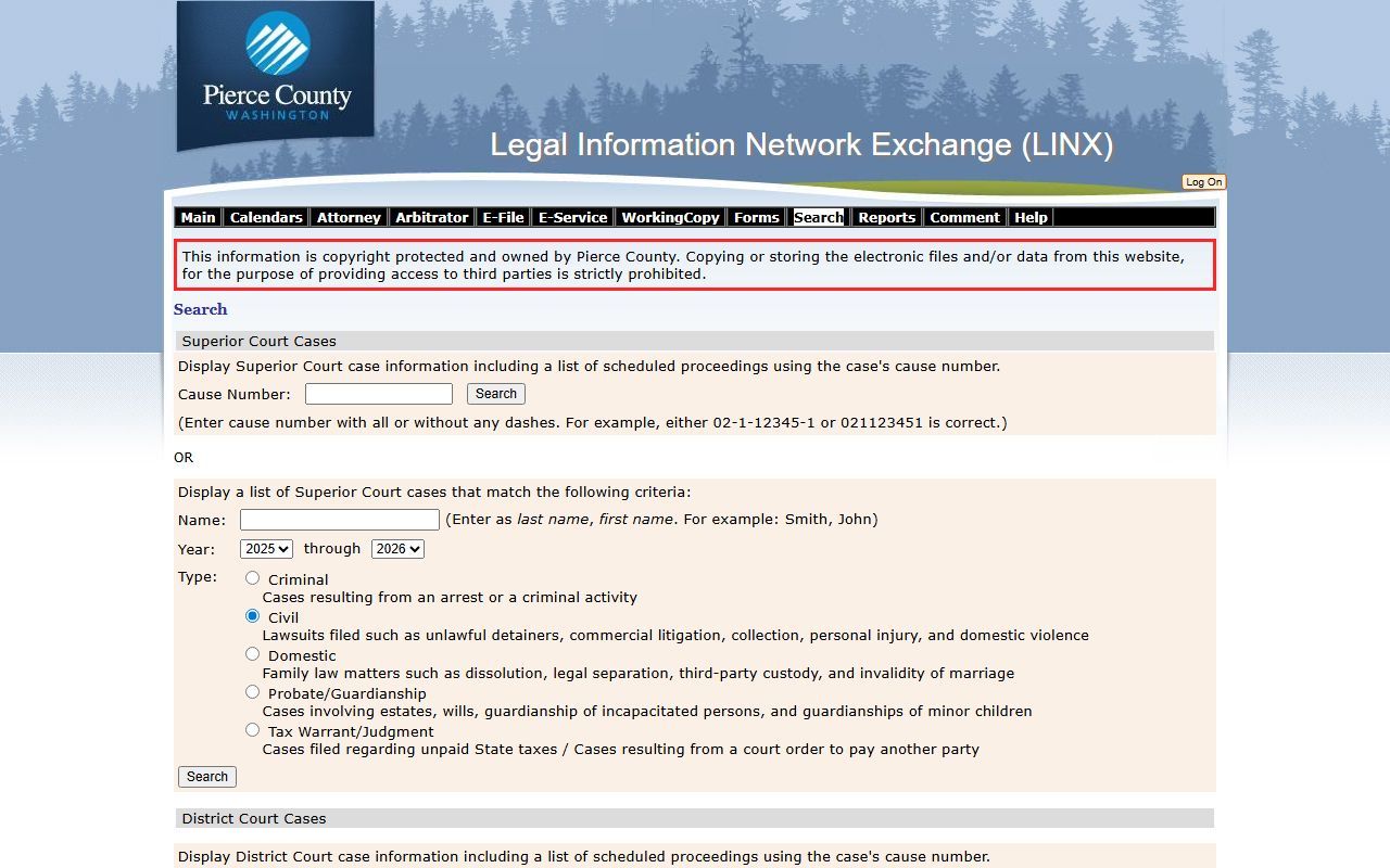Pierce County 72 Hour Booking LINX system search page
