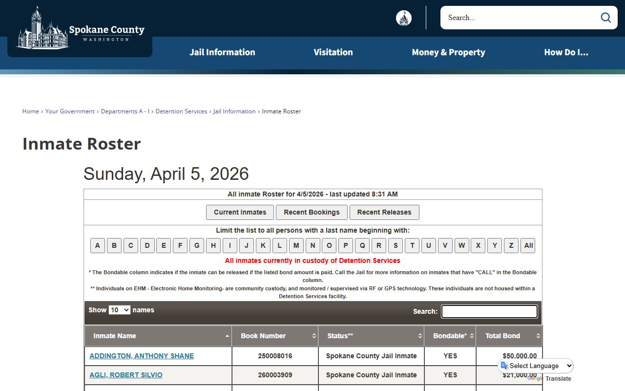 Spokane County 72 Hour Booking inmate roster