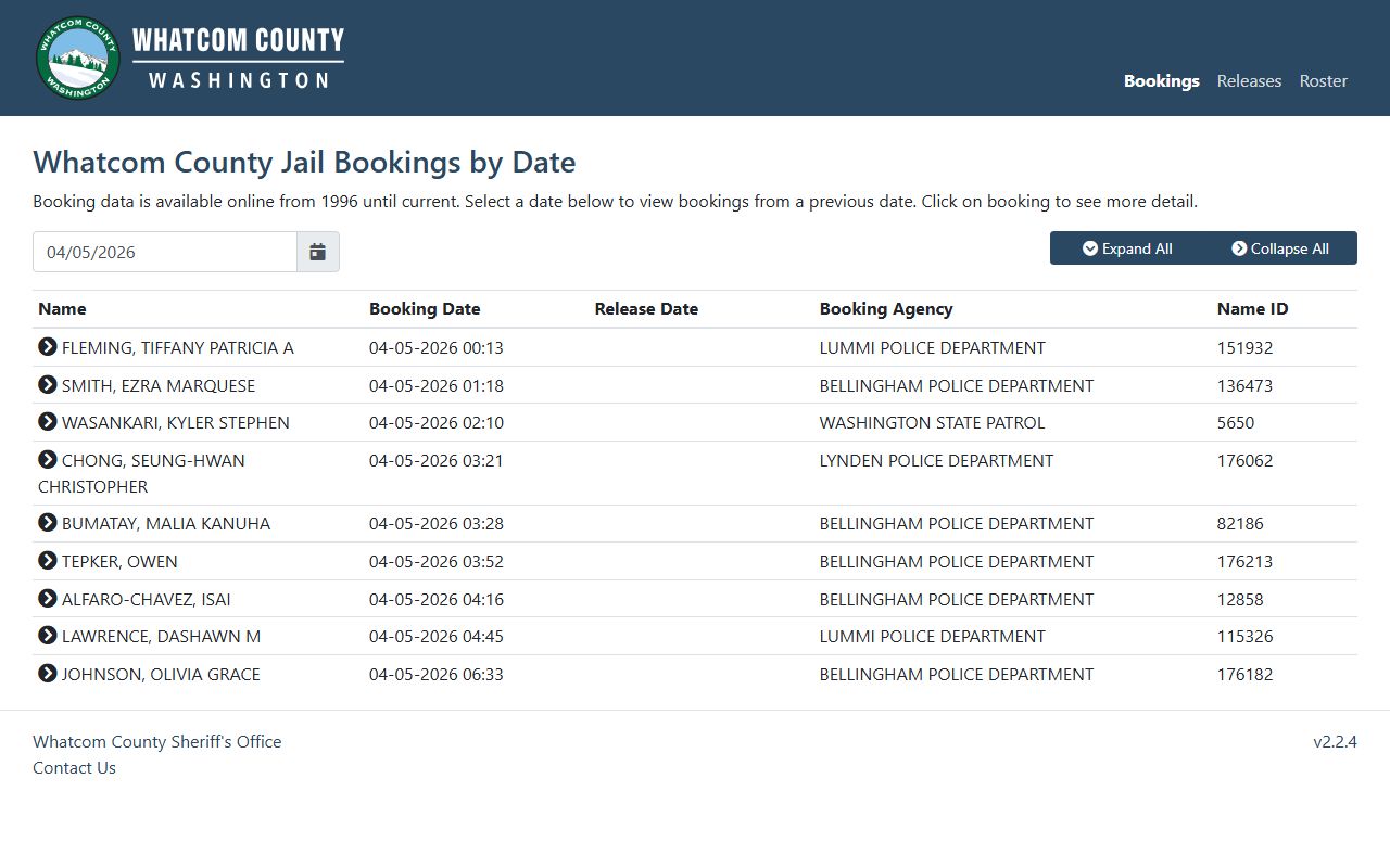 Whatcom County 72 Hour Booking jail bookings database