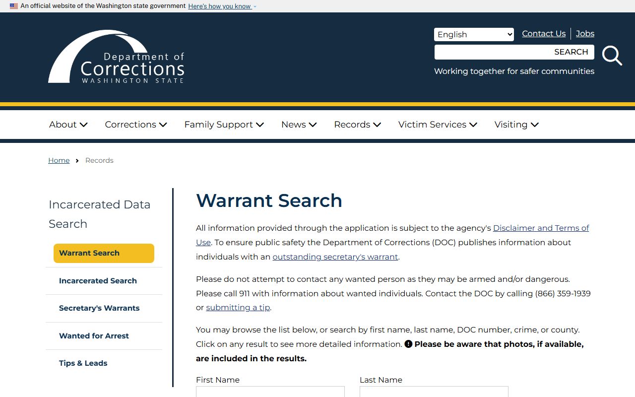 Washington 72 Hour Booking DOC warrant search