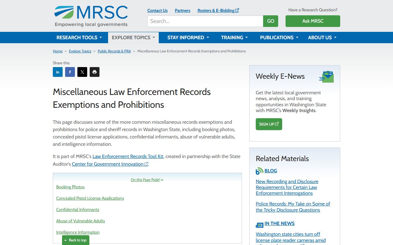 Washington 72 Hour Booking MRSC public records guidance
